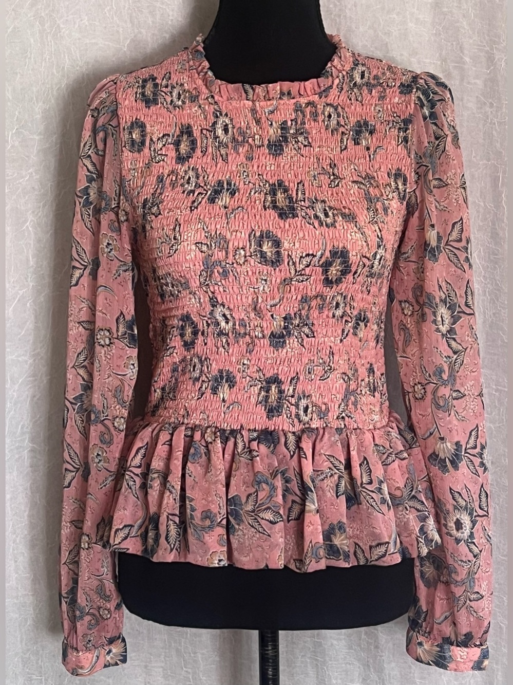 Patrons of Peace Pink Floral Smocked Peplum Blouse